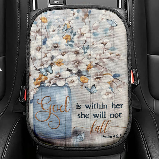 God Is Within Her Jasmine Flower Blue Vase Butterfly Seat Box Cover, Christian Car Center Console Cover, Religious Car Interior Accessories