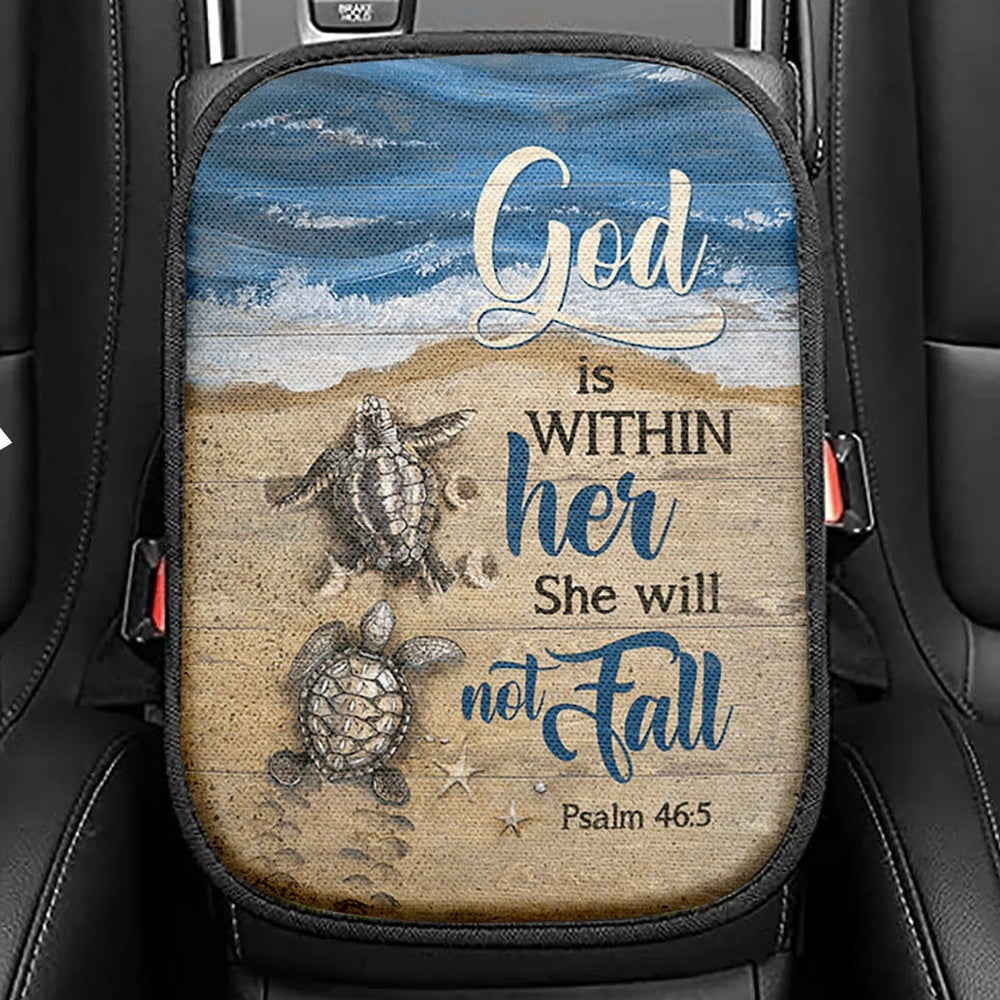 God Is Within Her Sand Beach Sea Turtle Seat Box Cover, Christian Car Center Console Cover, Bible Verse Car Interior Accessories