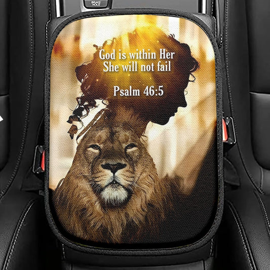 God Is Within Her She Will Not Fail Lion Seat Box Cover, Lion Car Center Console Cover, Christian Inspirational Car Interior Accessories