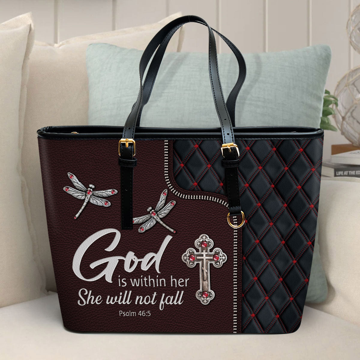 God Is Within Her She Will Not Fall Dragonfly Large Leather Tote Bag - Christ Gifts For Religious Women - Best Mother's Day Gifts