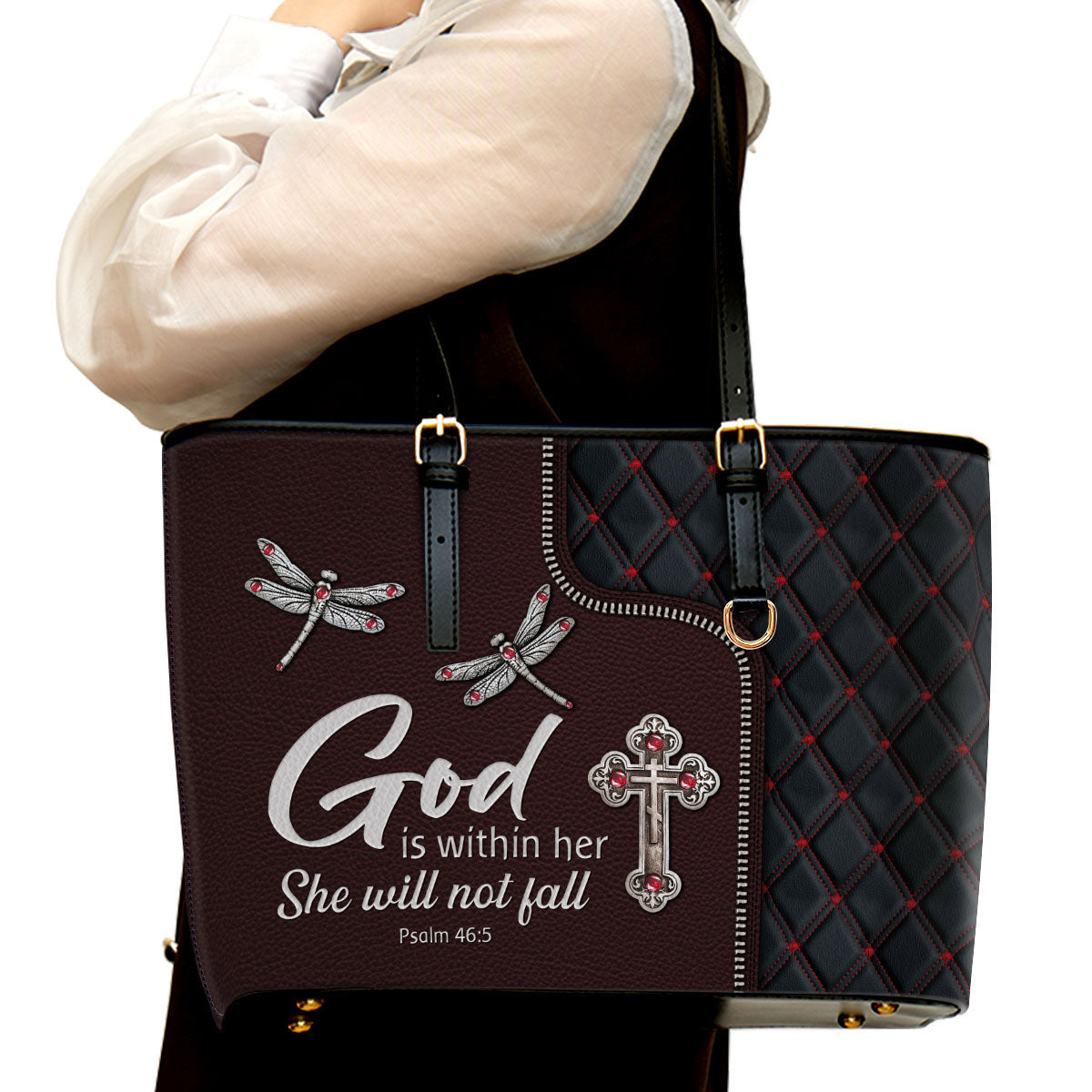 God Is Within Her She Will Not Fall Dragonfly Large Leather Tote Bag - Christ Gifts For Religious Women - Best Mother's Day Gifts