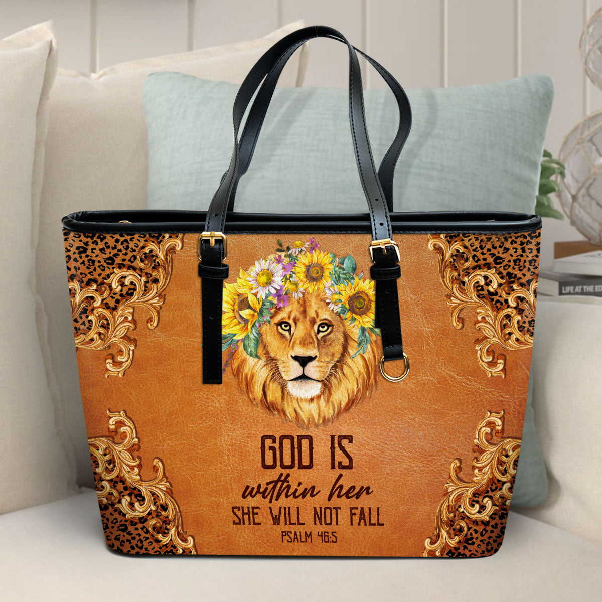 God Is Within Her She Will Not Fall Large Leather Tote Bag - Christ Gifts For Religious Women - Best Mother's Day Gifts