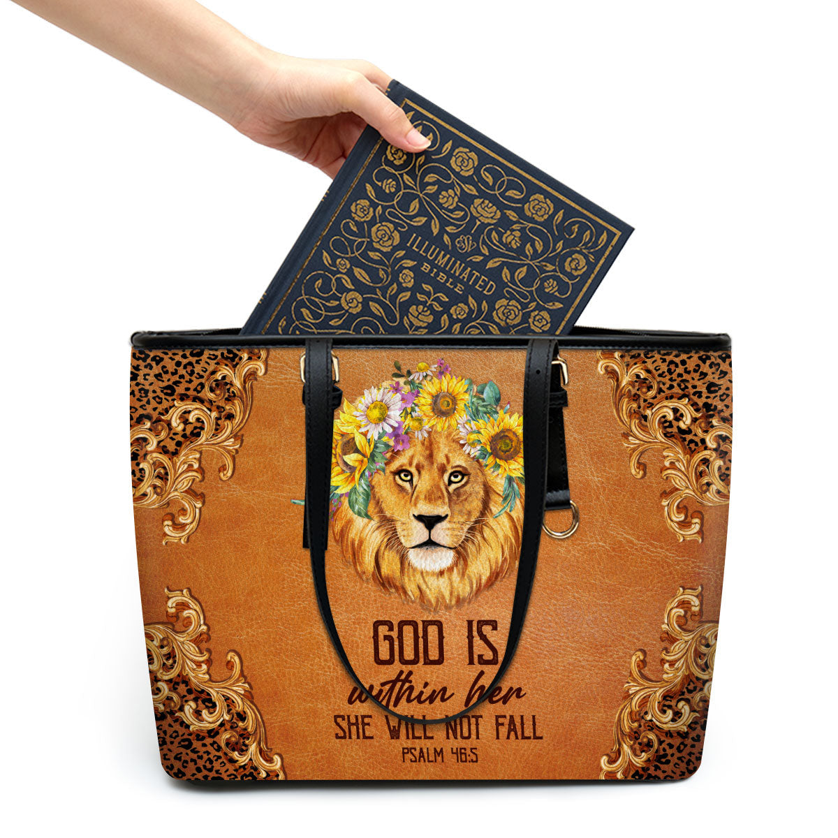 God Is Within Her She Will Not Fall Large Leather Tote Bag - Christ Gifts For Religious Women - Best Mother's Day Gifts