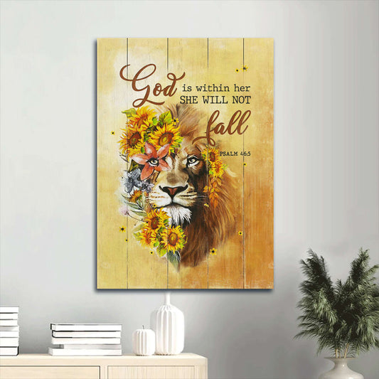 God Is Within Her She Will Not Fall Psalm 46 5 Canvas Wall Art - Lion & Sunflower Painting Canvas