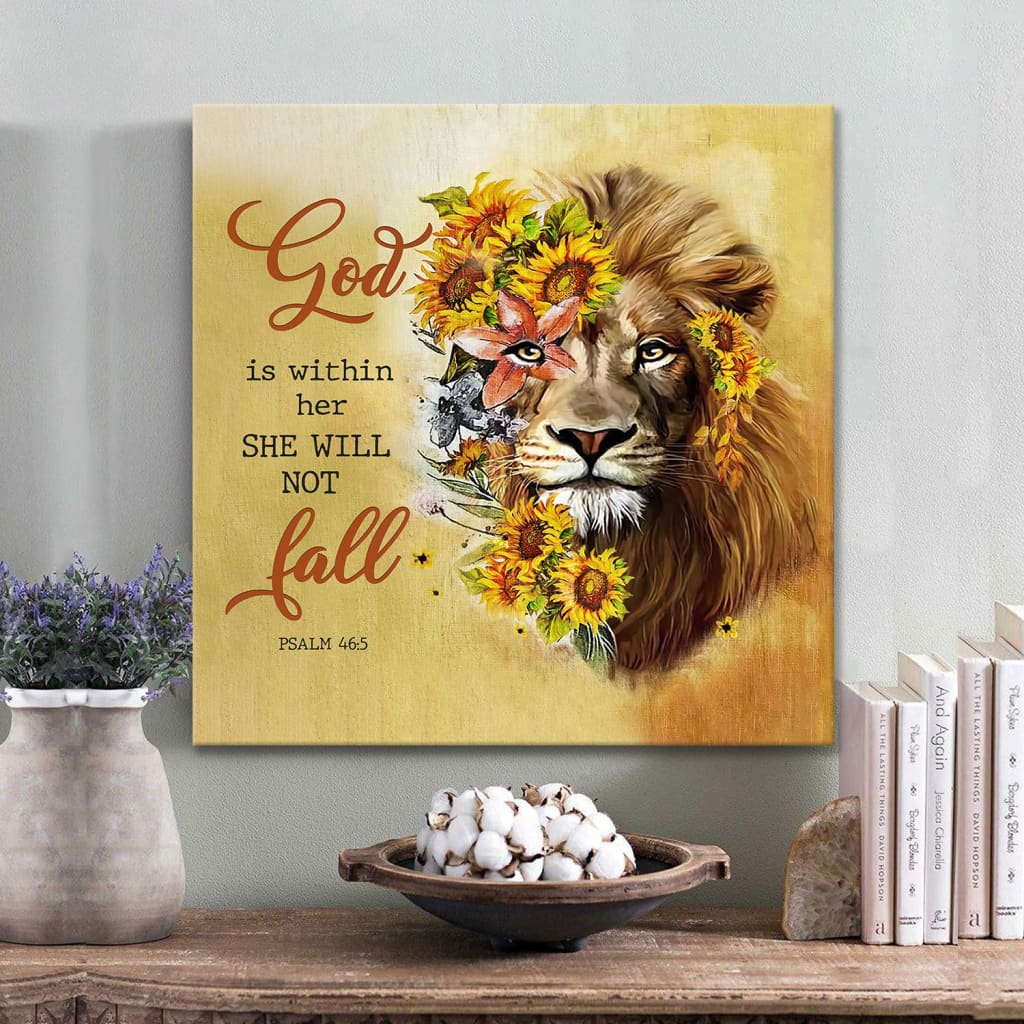 God Is Within Her She Will Not Fall Sunflower Lion Canvas Wall Art - Bible Verse Wall Art - Christian Decor