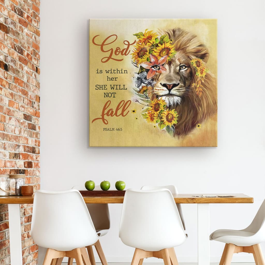 God Is Within Her She Will Not Fall Sunflower Lion Canvas Wall Art - Bible Verse Wall Art - Christian Decor
