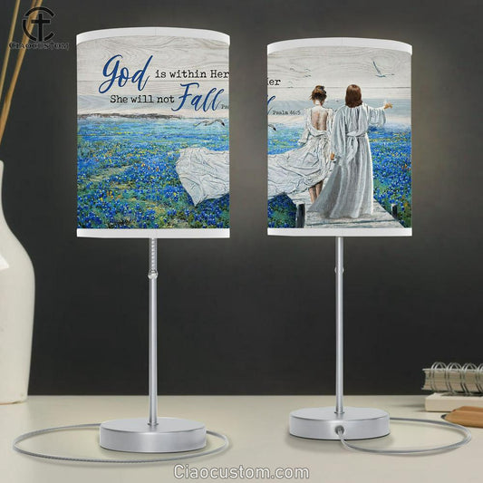 God Is Within Her, She Will Not Fall Table Lamp - Blue Flower Field, Walking With Jesus Lamp Art Table Lamp - Christian Lamp Art - Religious Art
