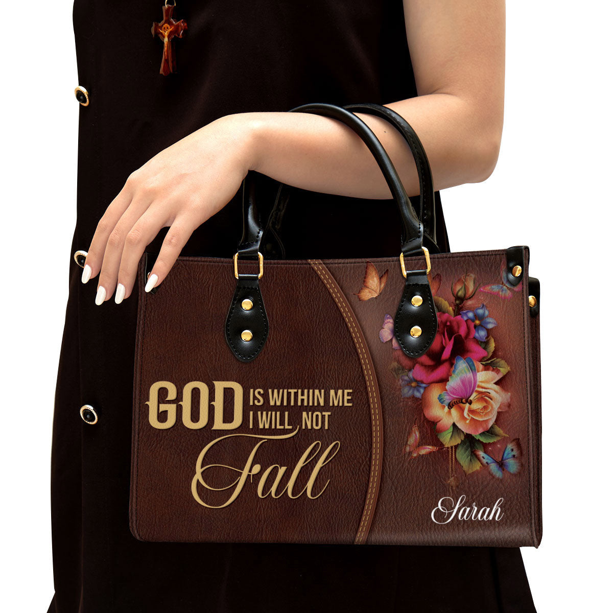 God Is Within Me I Will Not Fall Flower Personalized Leather Handbag