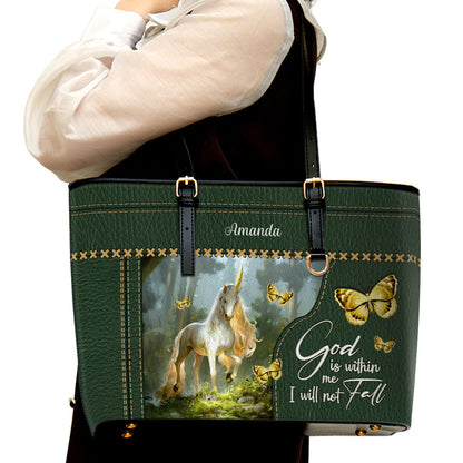 God Is Within Me I Will Not Fall Horse Personalized Unicorn Large Leather Tote Bag - Christian Gifts For Women