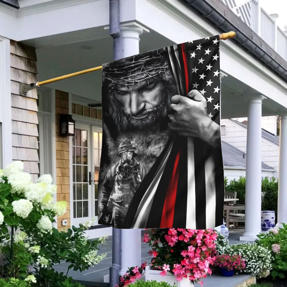 God Jesus Firefighter Flag - Outdoor Christian House Flag - Christian Garden Flags