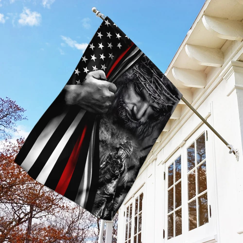 God Jesus Firefighter Flag - Outdoor Christian House Flag - Christian Garden Flags