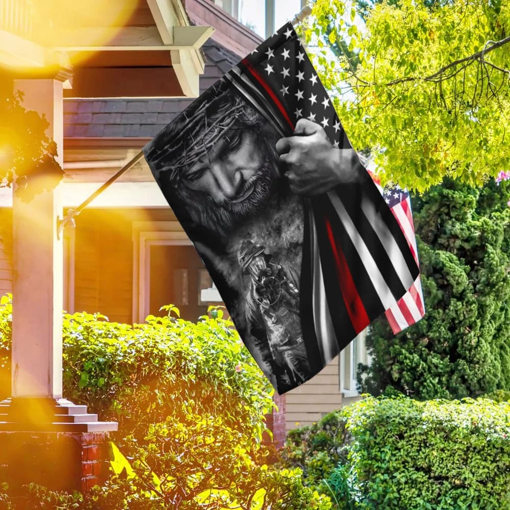 God Jesus Firefighter Flag - Outdoor Christian House Flag - Christian Garden Flags