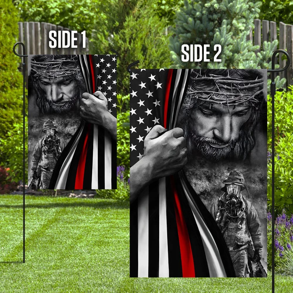 God Jesus Firefighter Flag - Outdoor Christian House Flag - Christian Garden Flags