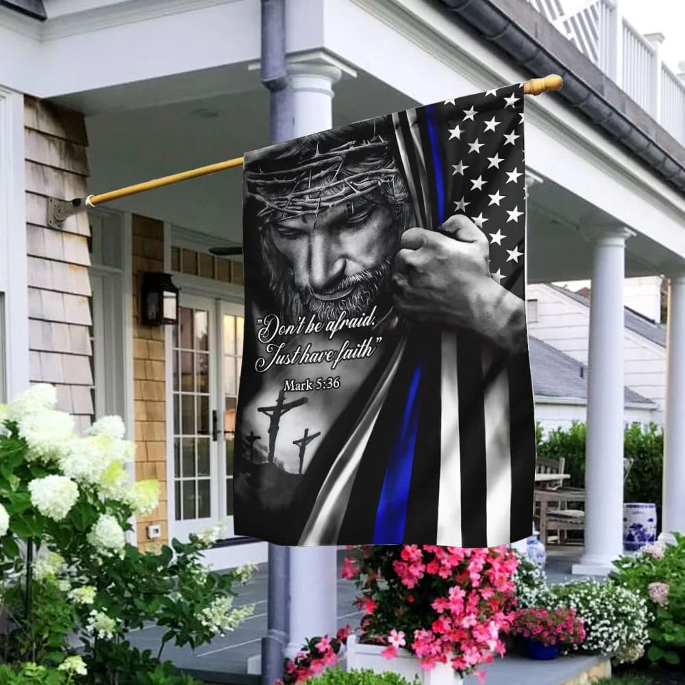 God Jesus Thin Blue Lives Law Enforcement House Flags - Christian Garden Flags - Outdoor Christian Flag