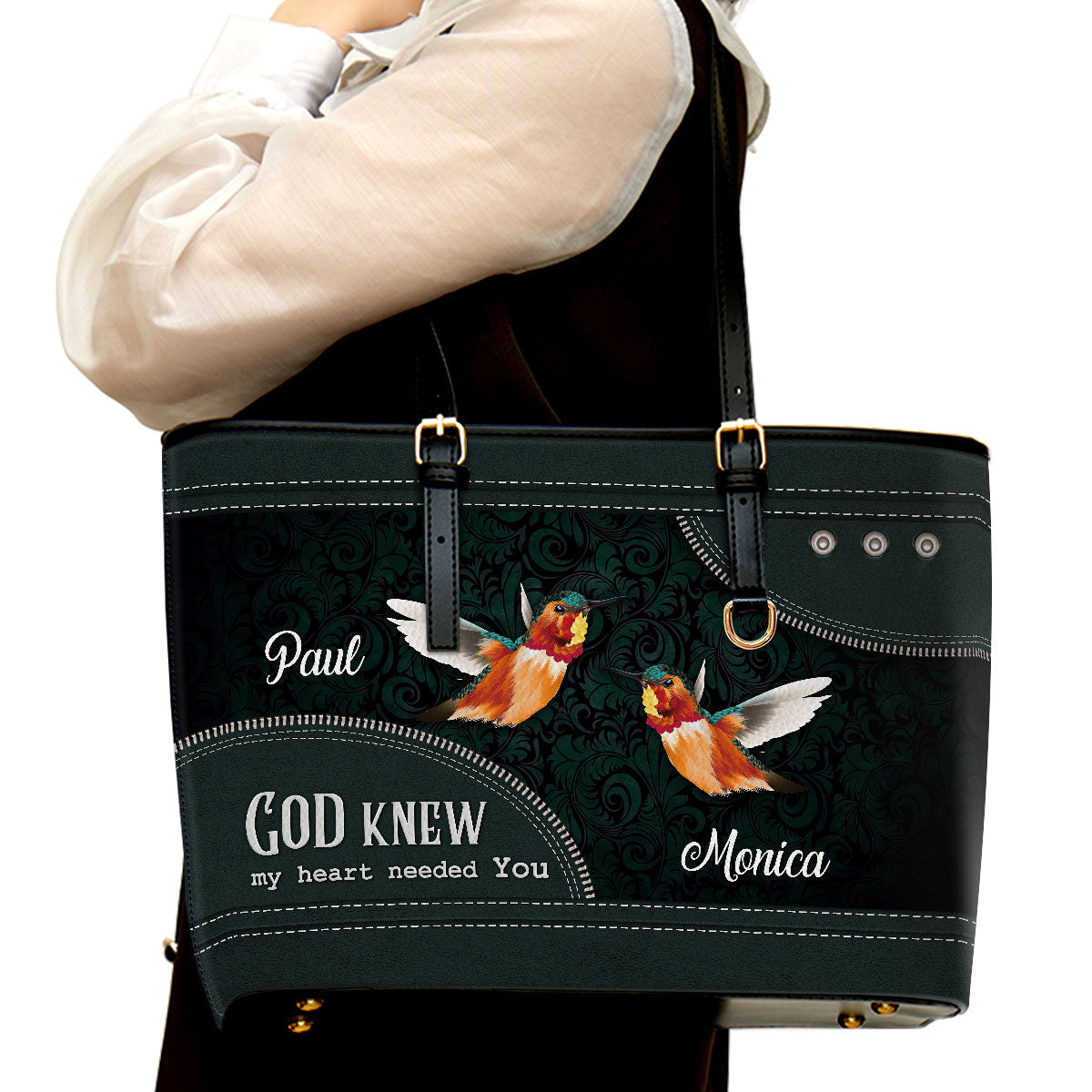 God Knew My Heart Needed You Personalized Large Leather Tote Bag - Christian Gifts For Women