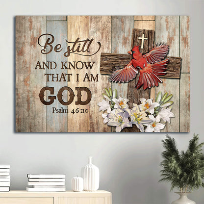 God Psalm 461 God Red Cardinal Canvas Wooden Cross Lily Flower Framed Canvas Wall Art - Christian Wall Decor