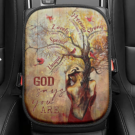 God Say You Are Beautiful Girl Red Cardinal Seat Box Cover, Christian Car Center Console Cover, Religious Car Interior Accessories