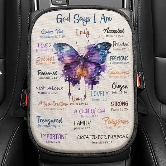 God Says About You Personalized Seat Box Cover, Christian Car Center Console Cover, Bible Verse Gift For Women Of God