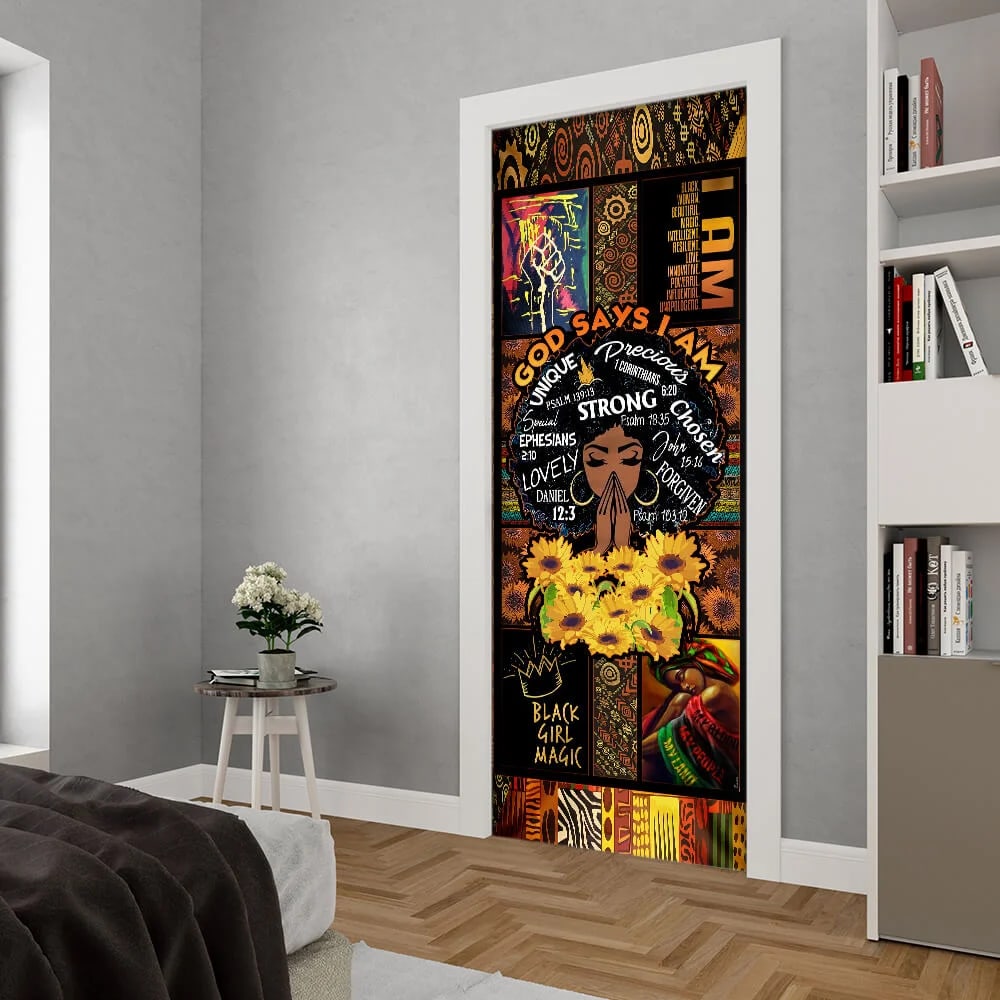 God Says I Am Black Woman Door Cover - Religious Door Decorations