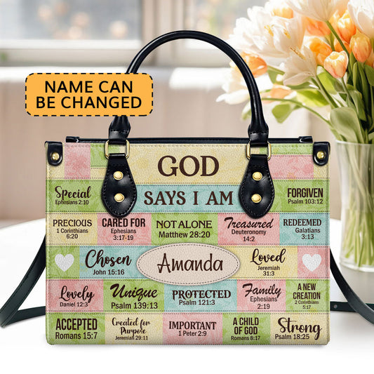 God Says I Am Gift For Her  Personalized Leather Handbag With Zipper - Inspirational Gift Christian Ladies