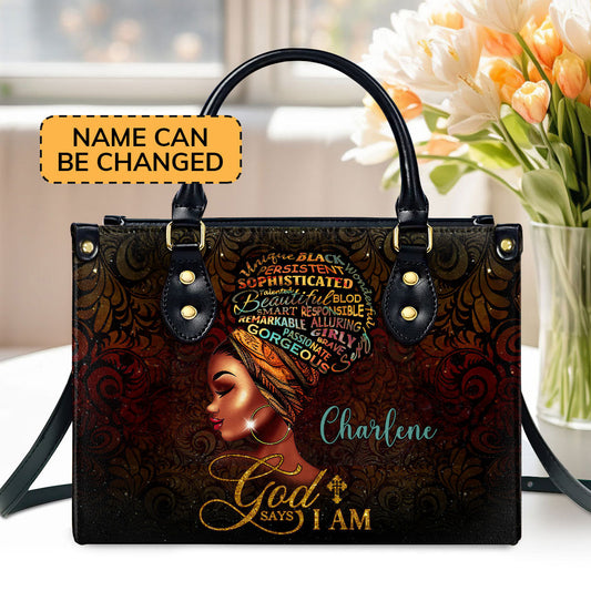 God Says I Am Personalized Zippered Leather Handbag With Handle