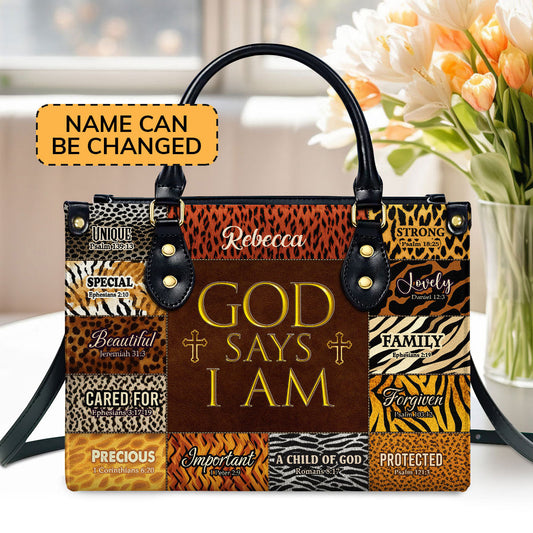 God Says I Am Unique  Personalized Leather Handbag With Zipper - Inspirational Gift Christian Ladies