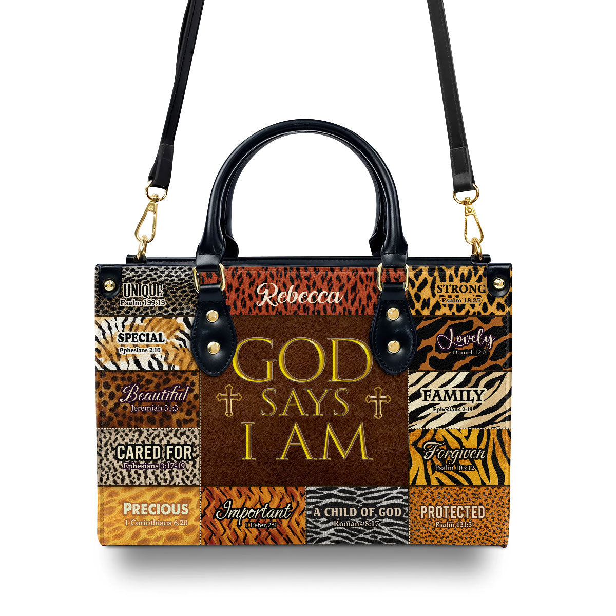 God Says I Am Unique  Personalized Leather Handbag With Zipper - Inspirational Gift Christian Ladies