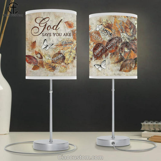 God Says You Are Autumn Leaves White Butterfly Table Lamp For Bedroom - Bible Verse Table Lamp - Religious Room Decor