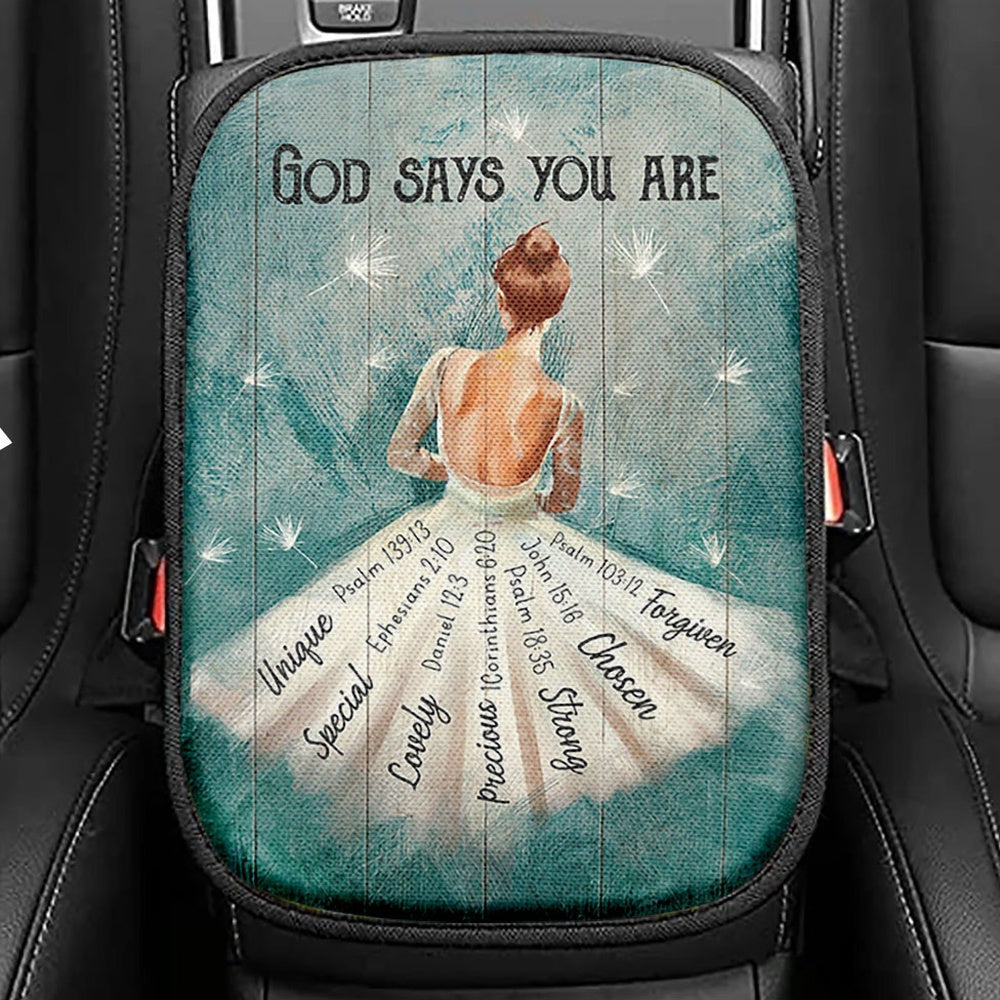 God Says You Are Ballerina White Dandelion Seat Box Cover, Christian Car Center Console Cover, Bible Verse Car Interior Accessories