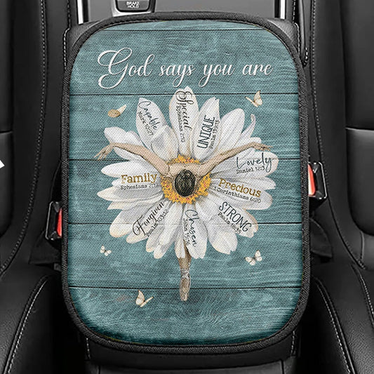 God Says You Are Ballet Dancer White Daisy White Butterfly Seat Box Cover, Christian Car Center Console Cover, Bible Verse Car Interior Accessories