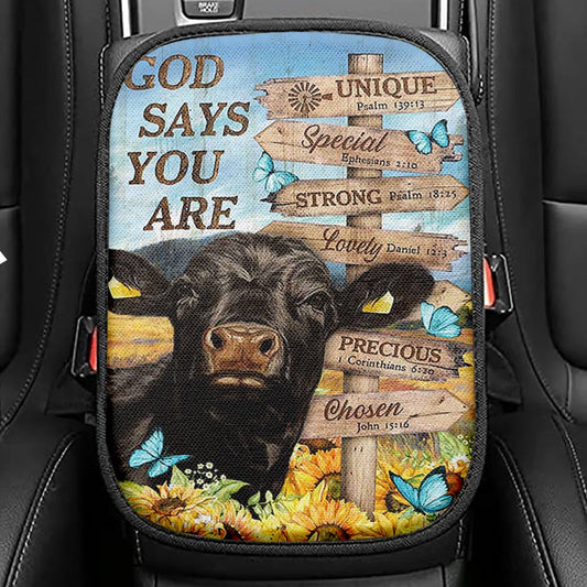 God Says You Are Black Cow Sunflower Field Seat Box Cover, Bible Verse Car Center Console Cover, Inspirational Car Interior Accessories