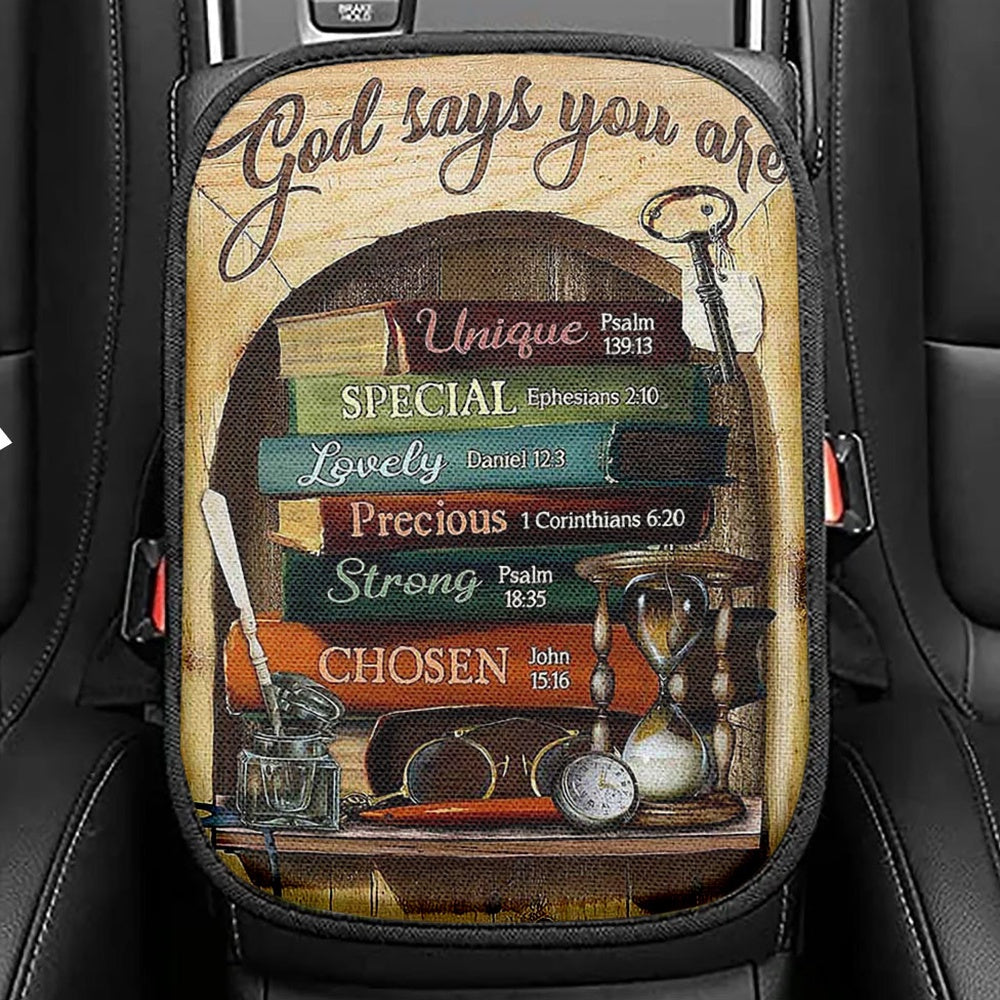 God Says You Are Book Glasses Seat Box Cover, Christian Car Center Console Cover, Bible Verse Car Interior Accessories