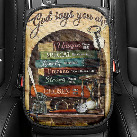 God Says You Are Book Glasses Seat Box Cover, Christian Car Center Console Cover, Bible Verse Car Interior Accessories
