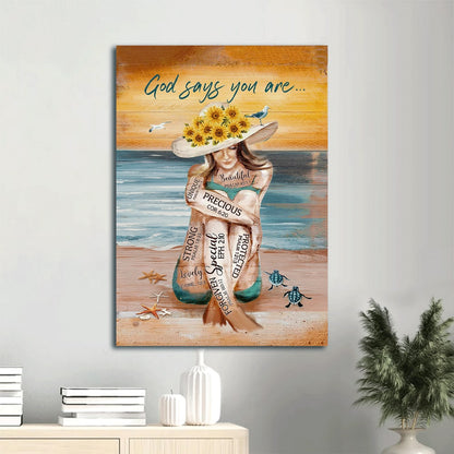 God Says You Are Canvas Wall Art - Beautiful Girl Sunflower Hat On The Beach Canvas