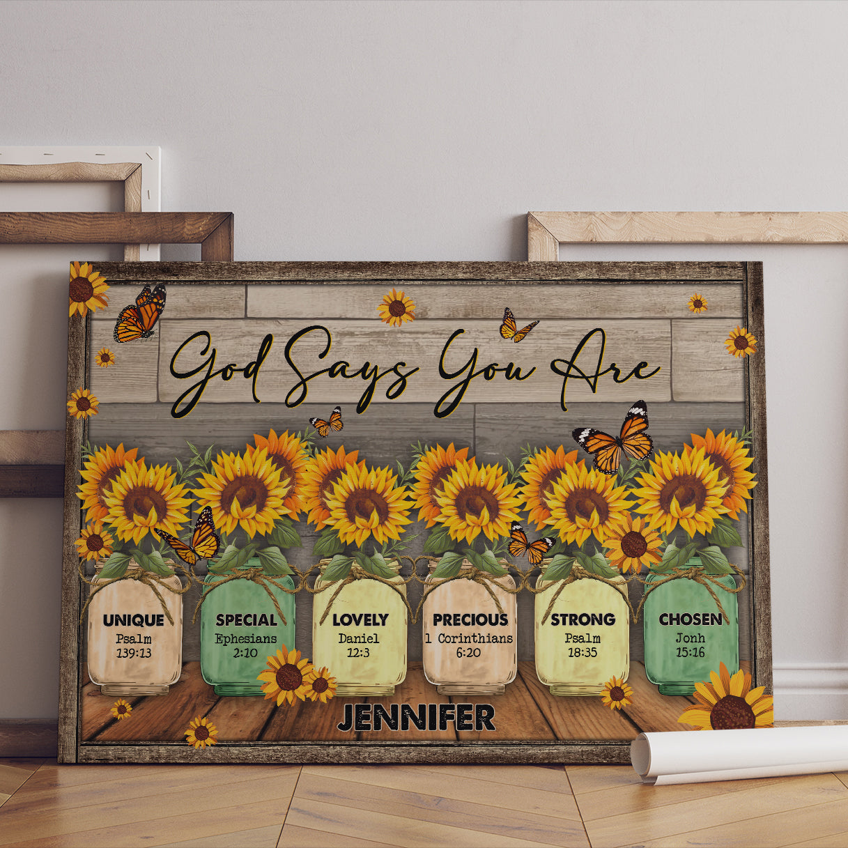 God Says You Are Canvas Wall Art - Unique Special Lovely Precious Strong Chosen, Butterfly Sunflower Canvas