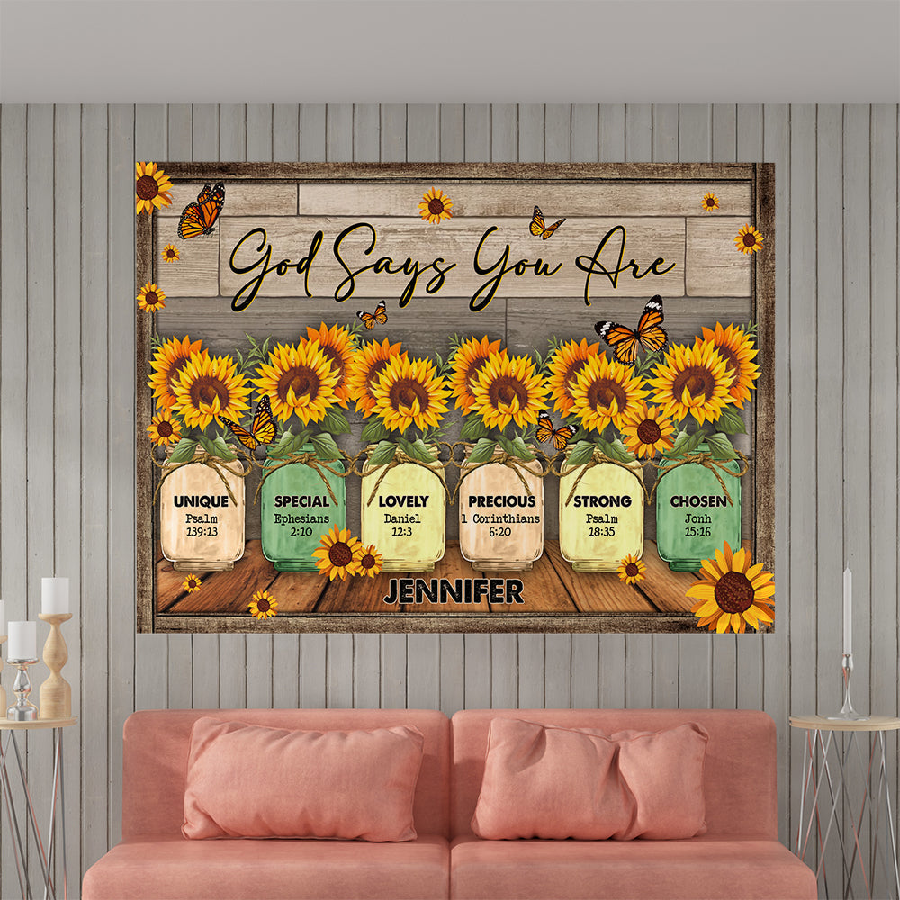 God Says You Are Canvas Wall Art - Unique Special Lovely Precious Strong Chosen, Butterfly Sunflower Canvas