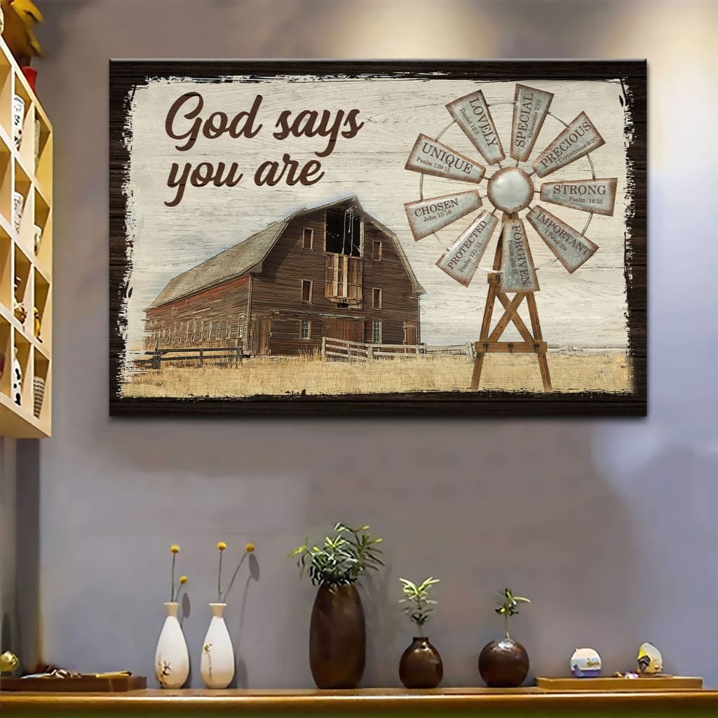 God Says You Are Canvas Wall Art, Farmhouse Windmill Christian Wall Decor - Religious Wall Decor
