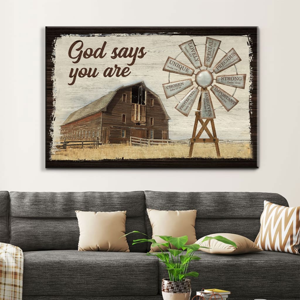 God Says You Are Canvas Wall Art, Farmhouse Windmill Christian Wall Decor - Religious Wall Decor