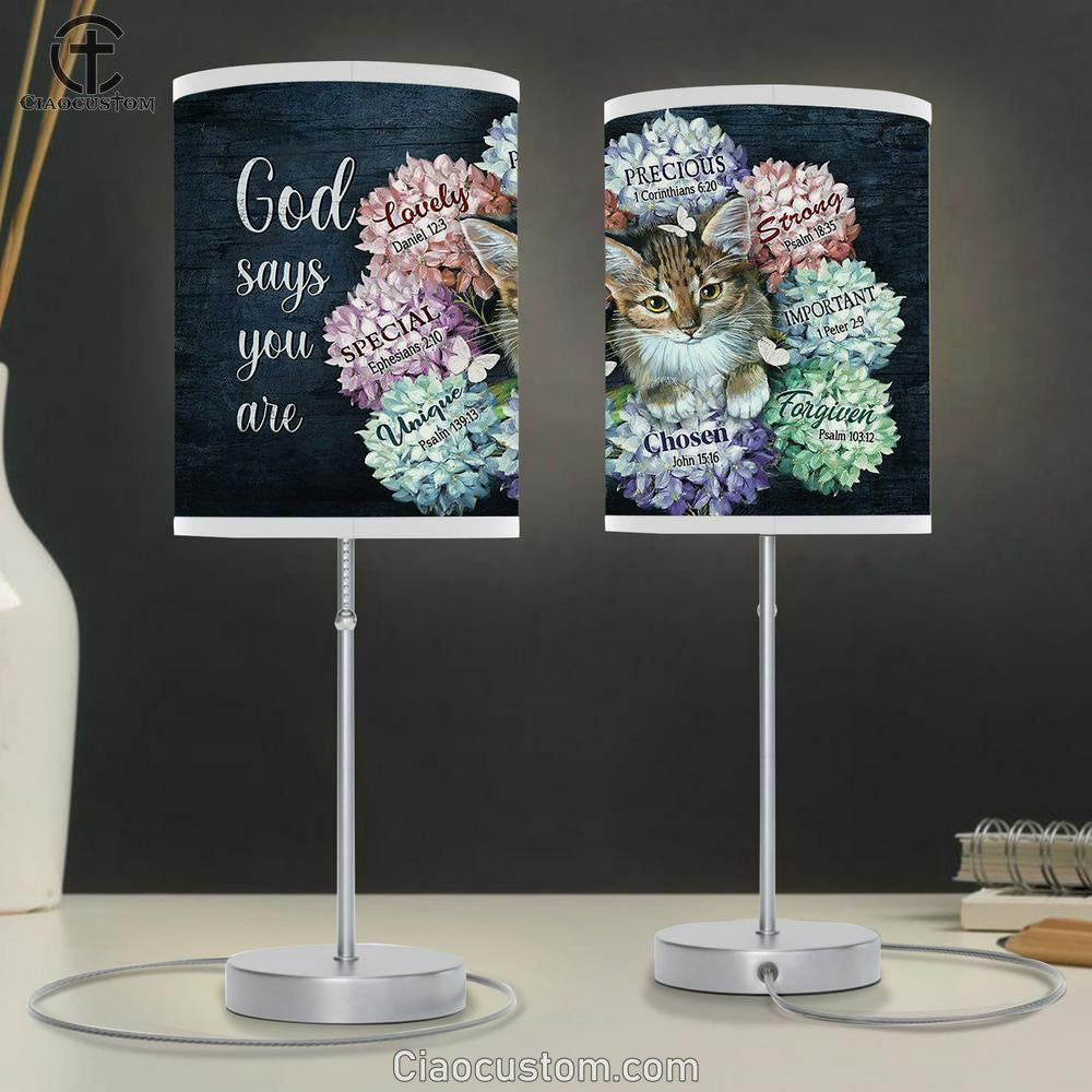 God Says You Are Cat Hydrangea Butterfly Table Lamp For Bedroom - Bible Verse Table Lamp - Religious Room Decor