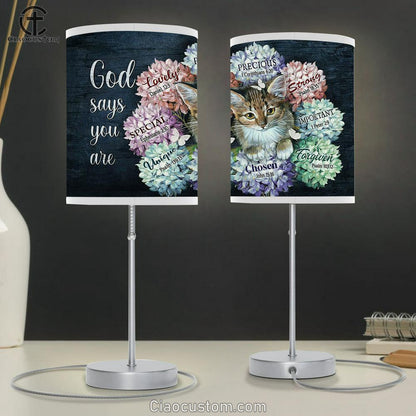 God Says You Are Cat Hydrangea Butterfly Table Lamp For Bedroom - Bible Verse Table Lamp - Religious Room Decor
