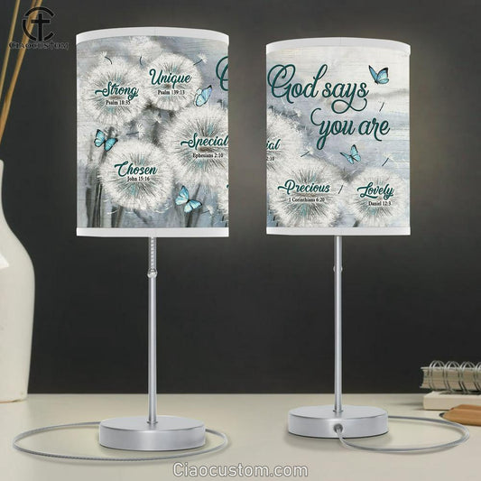 God Says You Are Dandelion Field Blue Butterfly Table Lamp For Bedroom - Bible Verse Table Lamp - Religious Room Decor