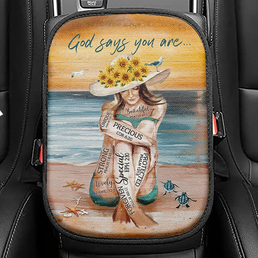 God Says You Are Female Warrior Seat Box Cover, Knight Of God Car Center Console Cover, Bible Verse Car Interior Accessories