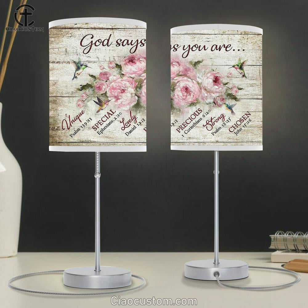 God Says You Are Hummingbird Pink Flower Table Lamp For Bedroom - Bible Verse Table Lamp - Religious Room Decor
