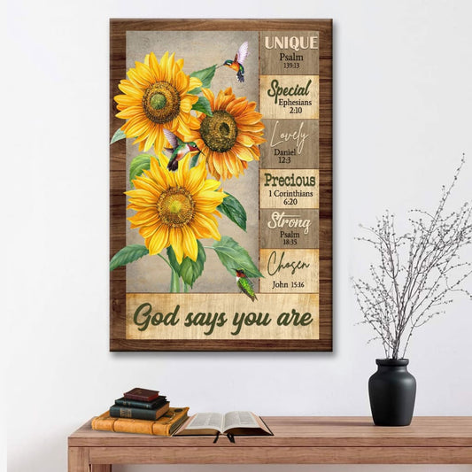 God Says You Are Hummingbird Sunflower Christian Canvas Art - Bible Verse Canvas - Scripture Wall Art
