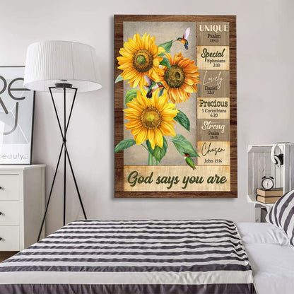 God Says You Are Hummingbird Sunflower Christian Canvas Art - Bible Verse Canvas - Scripture Wall Art