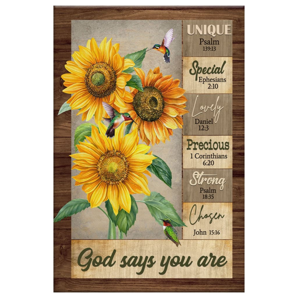 God Says You Are Hummingbird Sunflower Christian Canvas Art - Bible Verse Canvas - Scripture Wall Art