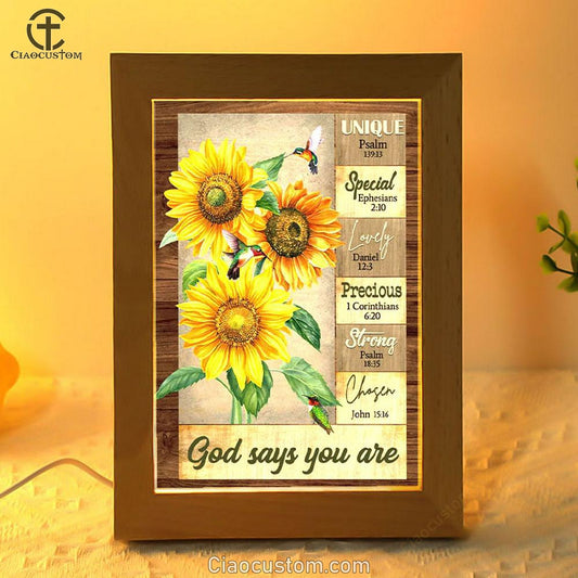 God Says You Are Hummingbird Sunflower Christian Frame Lamp Prints - Bible Verse Wooden Lamp - Scripture Night Light