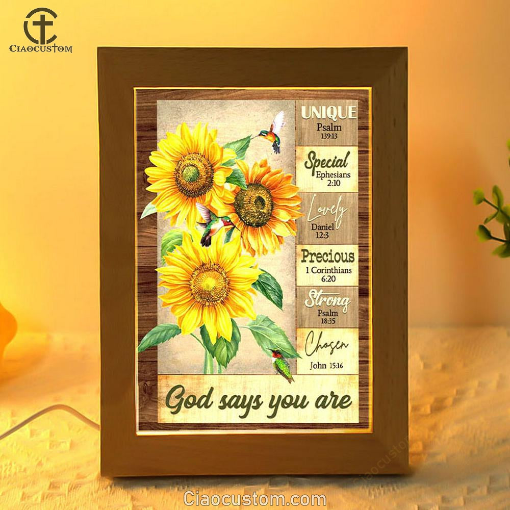 God Says You Are Hummingbird Sunflower Christian Frame Lamp Prints - Bible Verse Wooden Lamp - Scripture Night Light