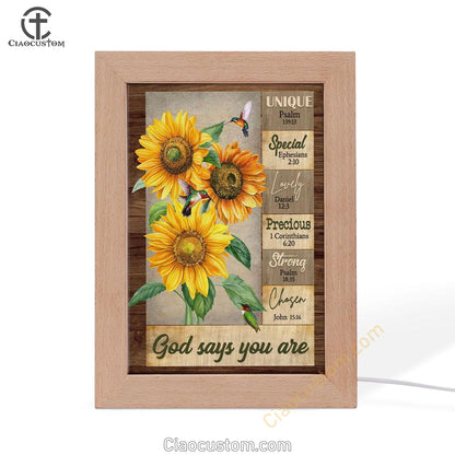 God Says You Are Hummingbird Sunflower Christian Frame Lamp Prints - Bible Verse Wooden Lamp - Scripture Night Light