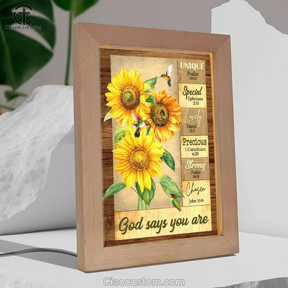 God Says You Are Hummingbird Sunflower Christian Frame Lamp Prints - Bible Verse Wooden Lamp - Scripture Night Light